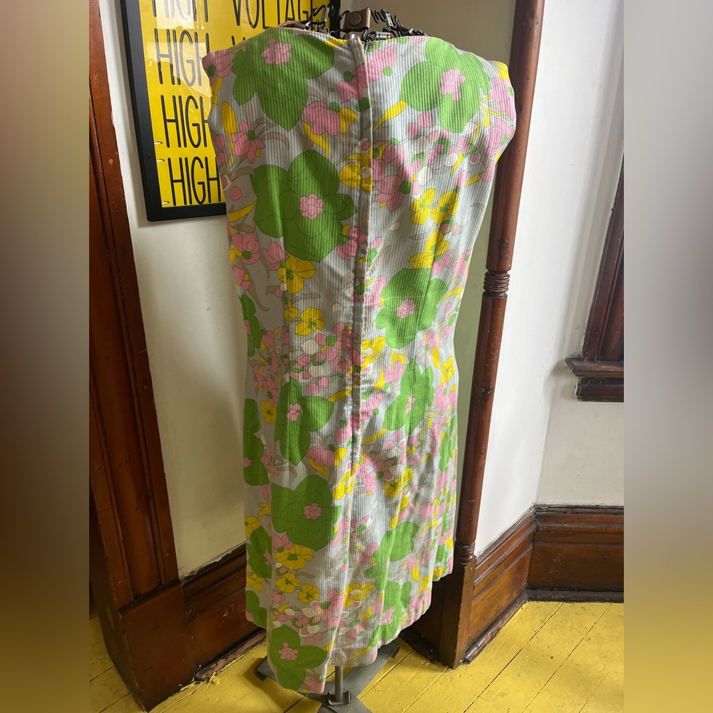 Vintage 60s Mod Psychedelic Floral Midi Dress - Green, Pink, Yellow - Picture 4 of 7
